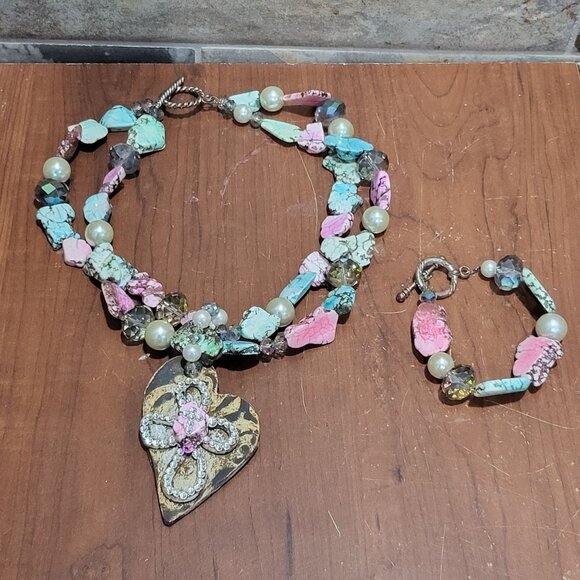 Double Strand Necklace Bracelet Set Double Mixed Pink Turquoise Stone Beads Cros - Picture 2 of 15